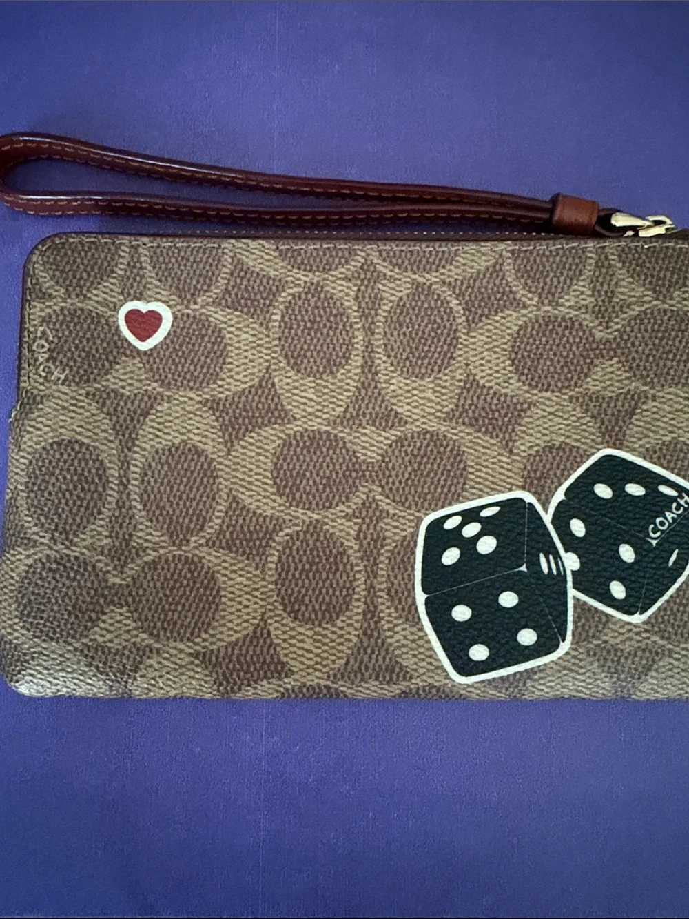 Coach Brown Signature Canvas Wristlet with Green Dino and Red Strawberry Patches